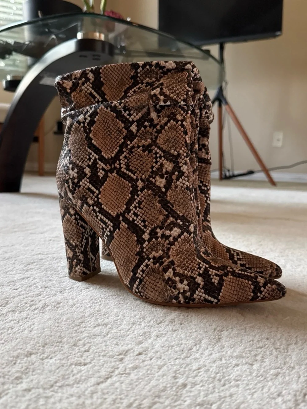 Women's Over-the-Knee Pointed Toe Snake-Print Boots in Brown